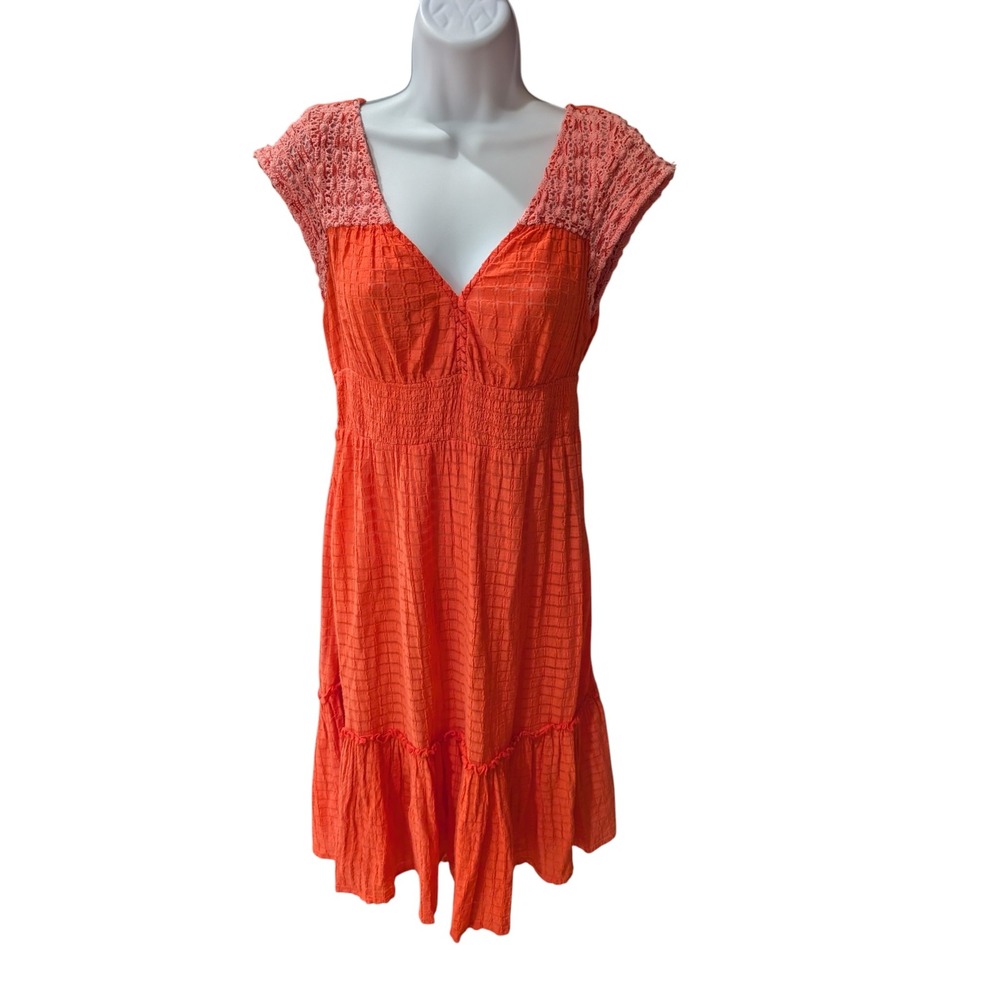 Free People Dress Grid Crochet Lace Shoulder Smock Waist Ruffle Hem Orange Sz 6